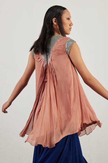 Akhl_Multi Color Chiffon (100% Viscose) + Glass Yarn Pleated Layered Gown  _Online_at_Aza_Fashions