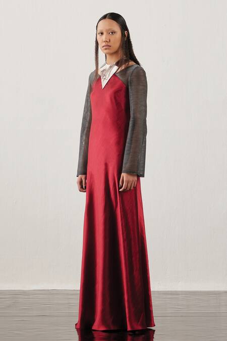 Akhl_Red Textured Satin (90% Polyester 10% Elastane)+ Triangular Yoke Gown _Online_at_Aza_Fashions