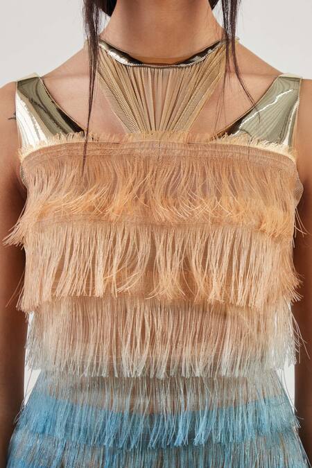 Akhl_Gold Lurex-tulle (57% Metallic Yarn 43% Polyester)+ Glass Gradient Fringed Gown _Online_at_Aza_Fashions