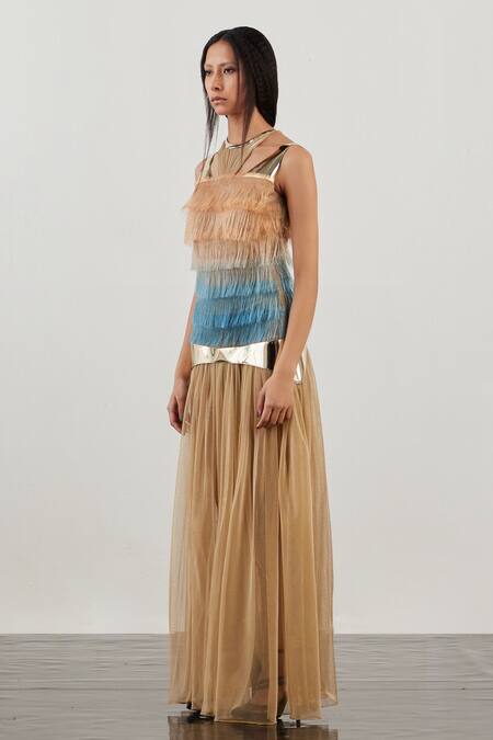 Buy_Akhl_Gold Lurex-tulle (57% Metallic Yarn 43% Polyester)+ Glass Gradient Fringed Gown _Online_at_Aza_Fashions