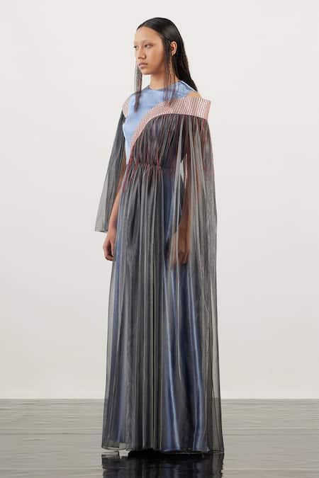 Akhl_Multi Color Textured Satin (90% Polyester 10% Elastane)+ Angular Arc Gown _Online_at_Aza_Fashions