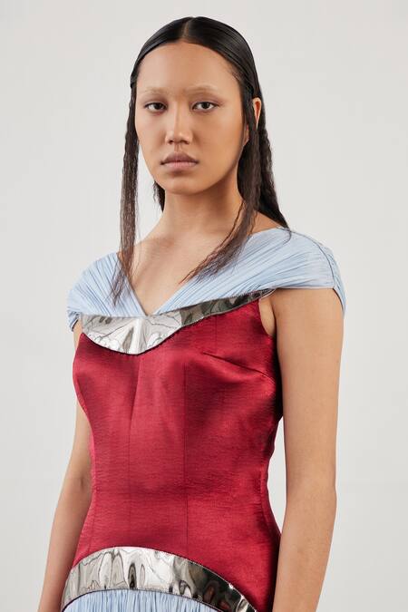 Akhl_Blue Textured Satin (90% Polyester 10% Elastane)+ Chiffon Structured Ruched Gown _Online_at_Aza_Fashions