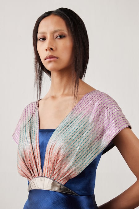 Buy_Akhl_Blue Textured Satin (90% Polyester 10% Elastane)+ Gradient Yoke Gown _Online_at_Aza_Fashions