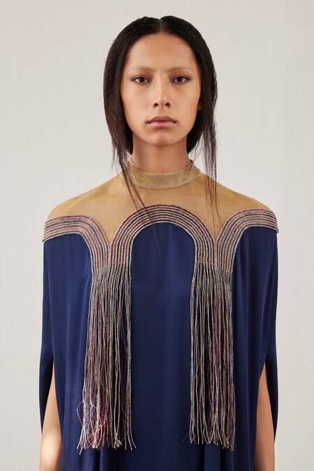 Akhl_Blue Satin (66% Viscose 34% Modal) + Textured Yarn ( 50% Cotton Gradient Kaftan _Online_at_Aza_Fashions