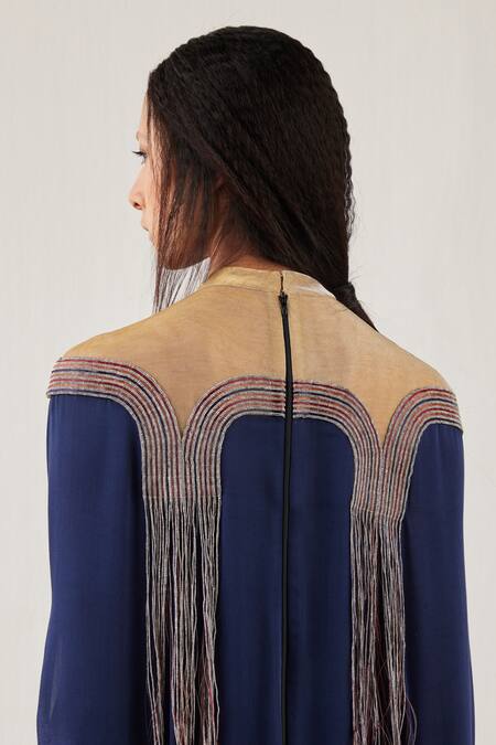 Buy_Akhl_Blue Satin (66% Viscose 34% Modal) + Textured Yarn ( 50% Cotton Gradient Kaftan _Online_at_Aza_Fashions