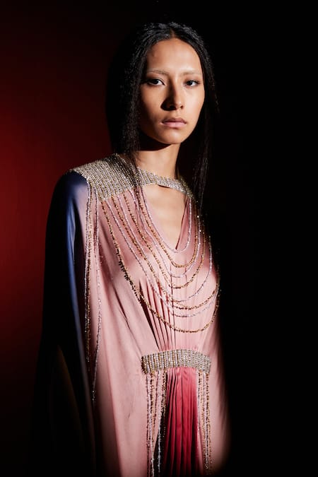 Buy_Akhl_Multi Color Satin (66% Viscose 34% Modal) + Sequin (100% Gradient Kaftan _Online_at_Aza_Fashions