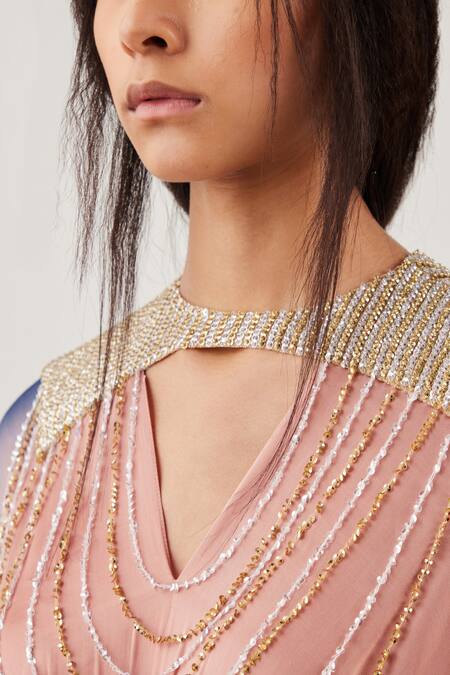 Shop_Akhl_Multi Color Satin (66% Viscose 34% Modal) + Sequin (100% Gradient Kaftan _Online_at_Aza_Fashions