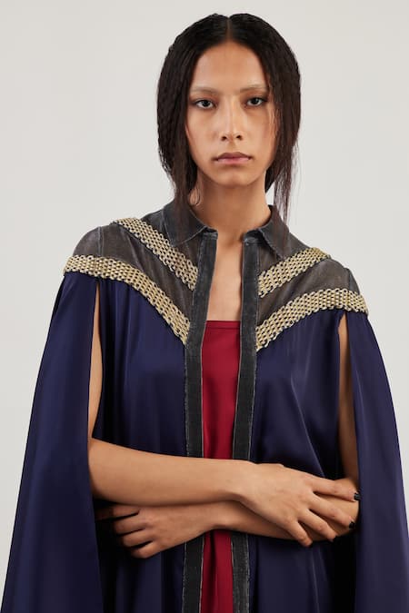 Akhl_Blue Silk Satin (100% Polyester) + Lurex Tulle (57% Hand Woven Shirt Kaftan _Online_at_Aza_Fashions