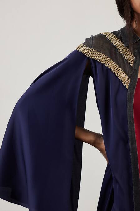 Buy_Akhl_Blue Silk Satin (100% Polyester) + Lurex Tulle (57% Hand Woven Shirt Kaftan _Online_at_Aza_Fashions