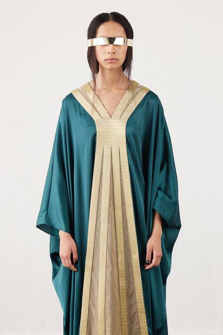 Akhl_Gold Silk Satin (100% Polyester) + Lurex Tulle (57% Metallic Yarn Draped Kaftan _Online_at_Aza_Fashions