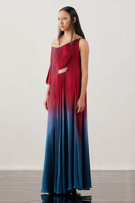 Akhl_Red Satin, Viscose, Modal Fringe Asymmetric Gradient Kaftan _Online_at_Aza_Fashions