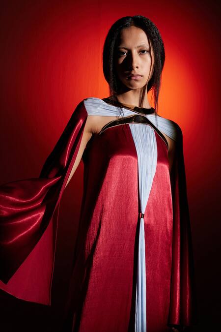 Akhl_Red Satin, Chiffon, Polyester Round Neck Metallic Crescent Kaftan Dress _Online_at_Aza_Fashions