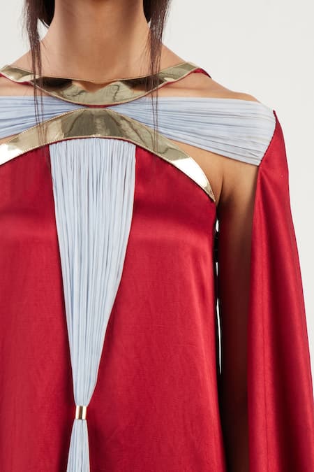 Buy_Akhl_Red Satin, Chiffon, Polyester Round Neck Metallic Crescent Kaftan Dress _Online_at_Aza_Fashions