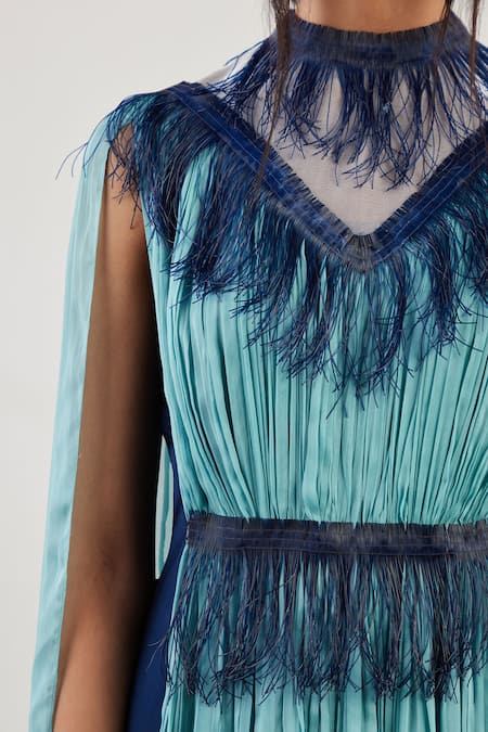 Buy_Akhl_Blue Chiffon (100% Viscose) + Lurex-tulle Glass Fringe Gathered Kaftan Dress _Online_at_Aza_Fashions