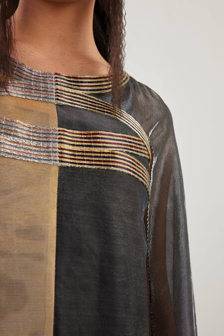 Buy_Akhl_Gold Lurex, Tulle, Polyester Embroidery Round Neck Metallic Kaftan Dress _Online_at_Aza_Fashions