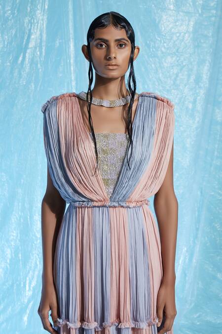 Akhl_Multi Color Body Chiffon Gathered Gown _Online_at_Aza_Fashions