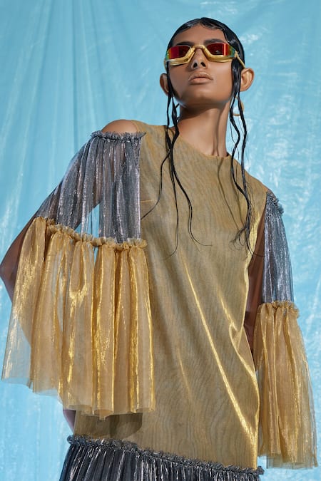 Akhl_Multi Color Body  Lurex Tulle (57% Metallic Fibre 43% Polyester), Tiered Gown _Online_at_Aza_Fashions