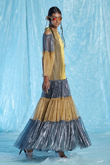 Buy_Akhl_Multi Color Body  Lurex Tulle (57% Metallic Fibre 43% Polyester), Tiered Gown _Online_at_Aza_Fashions
