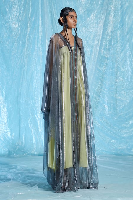 Akhl_Multi Color Body  Satin (90% Viscose 10% Polyester) + Lurex Tulle (57% Kaftan_Online_at_Aza_Fashions