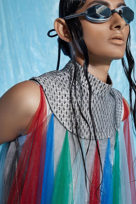 Buy_Akhl_Multi Color Body  Silk-raffia Mesh (30% Silk 70% Cotton) Fall Panelled Kaftan_Online_at_Aza_Fashions