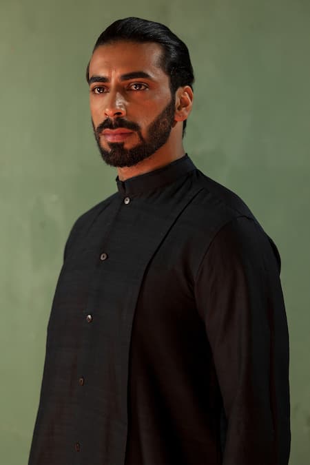 Buy_Artless_Black Handloom Cotton, Silk The Night Sky Band Collar Kurta Set_Online_at_Aza_Fashions