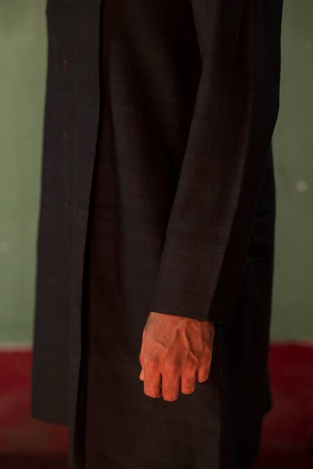 Artless_Black Handloom Cotton, Silk The Night Sky Band Collar Kurta Set_at_Aza_Fashions