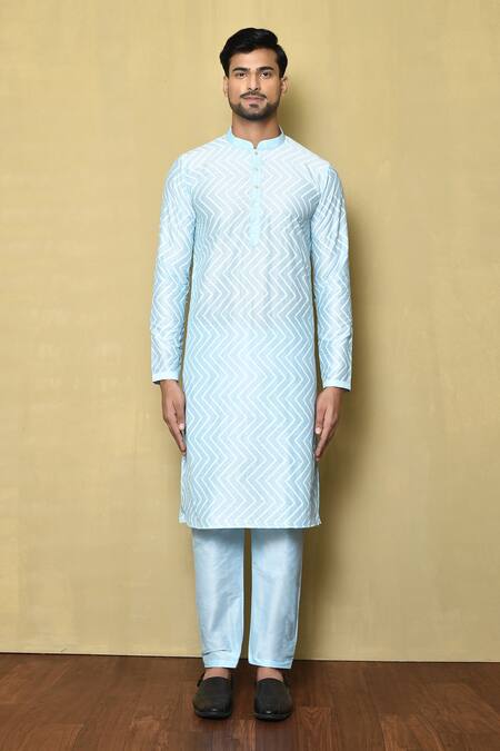 Aryavir Malhotra_Blue Cotton, Silk Mandarin Collar Printed Kurta_Online_at_Aza_Fashions