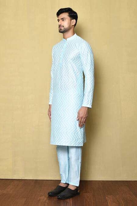 Shop_Aryavir Malhotra_Blue Cotton, Silk Mandarin Collar Printed Kurta_Online_at_Aza_Fashions