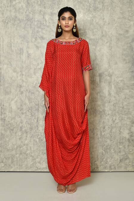 Naintara Bajaj_Red Bamberg Silk Printed Chevron Round Draped Kaftan_Online_at_Aza_Fashions