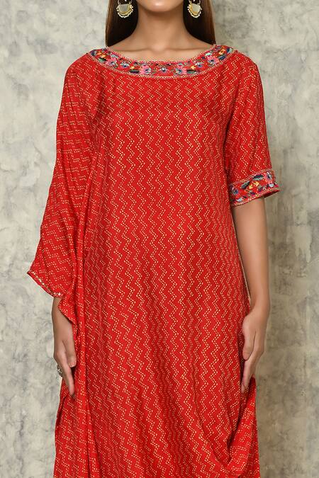 Buy_Naintara Bajaj_Red Bamberg Silk Printed Chevron Round Draped Kaftan_Online_at_Aza_Fashions
