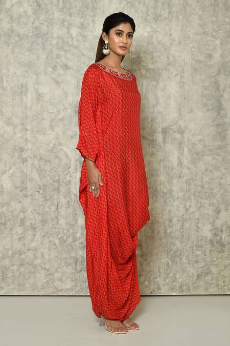 Naintara Bajaj_Red Bamberg Silk Printed Chevron Round Draped Kaftan_at_Aza_Fashions