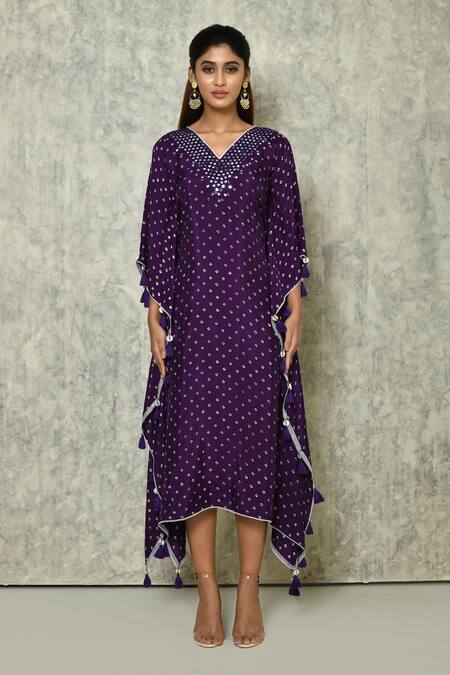 Naintara Bajaj_Purple Habutai Silk Printed Bandhej V Neck Kaftan_Online_at_Aza_Fashions