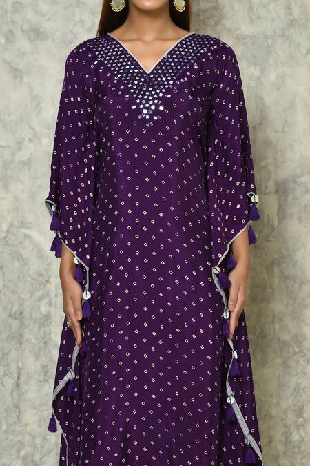 Buy_Naintara Bajaj_Purple Habutai Silk Printed Bandhej V Neck Kaftan_Online_at_Aza_Fashions