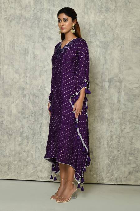 Shop_Naintara Bajaj_Purple Habutai Silk Printed Bandhej V Neck Kaftan_Online_at_Aza_Fashions