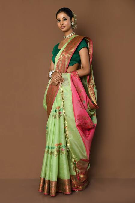 Buy_Samyukta Singhania_Green Cotton, Silk Embroidery Alfi Jaal Patola Woven Saree_Online_at_Aza_Fashions