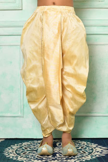 Petite Pomme_Yellow Denim, Silk Embroidery Kurta And Dhoti Pant Set _Online_at_Aza_Fashions