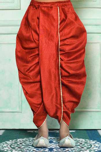 Petite Pomme_Beige Silk Embroidery Solid Kurta And Red Dhoti Pant Set _Online_at_Aza_Fashions