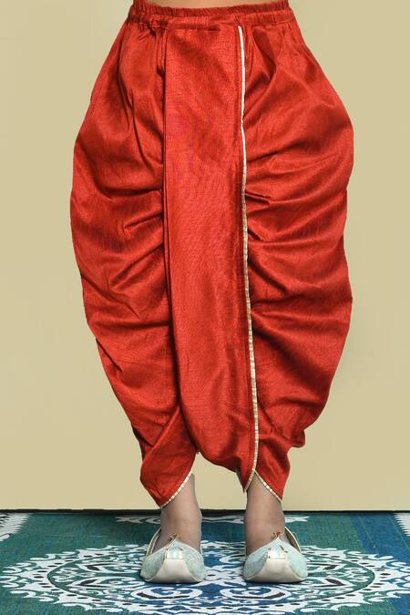 Petite Pomme Cream Silk Plain Kurta And Red Dhoti Pant Set Online at Aza Fashions Petite Pomme_Cream Silk Plain Kurta And Red Dhoti Pant Set _Online_at_Aza_Fashions