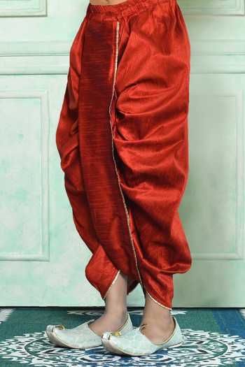 Buy_Petite Pomme_Beige Silk Embroidery Solid Kurta And Red Dhoti Pant Set _Online_at_Aza_Fashions