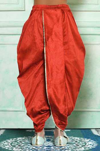 Shop_Petite Pomme_Beige Silk Embroidery Solid Kurta And Red Dhoti Pant Set _Online_at_Aza_Fashions