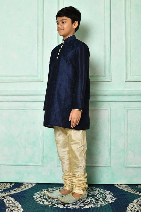 Petite Pomme_Blue Silk Full Sleeve Straight Kurta _Online_at_Aza_Fashions