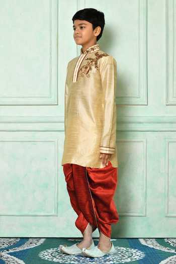 Petite Pomme_Green Silk Embroidery Kurta And Red Dhoti Pant Set _at_Aza_Fashions
