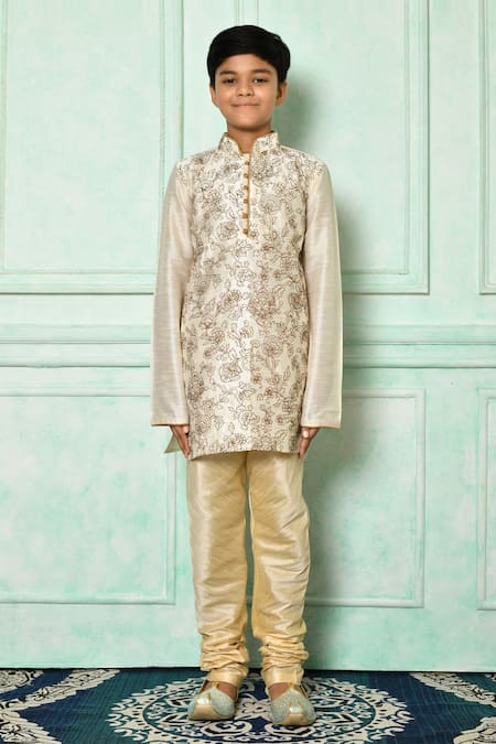 Petite Pomme_Cream Silk Stones Embroidered Floral Jaali Kurta _Online_at_Aza_Fashions