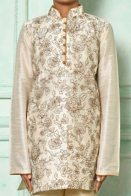 Buy_Petite Pomme_Cream Silk Stones Embroidered Floral Jaali Kurta _Online_at_Aza_Fashions