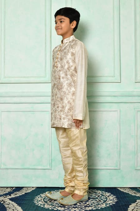 Shop_Petite Pomme_Cream Silk Stones Embroidered Floral Jaali Kurta _Online_at_Aza_Fashions