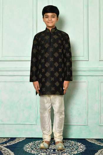 Petite Pomme_Black Silk Embroidery Kurta _Online_at_Aza_Fashions