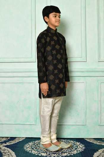 Petite Pomme_Black Silk Embroidery Kurta _at_Aza_Fashions