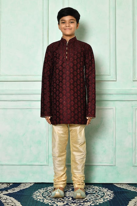 Petite Pomme_Wine Silk Embroidery Fleur De Lis Patterned Kurta _Online_at_Aza_Fashions