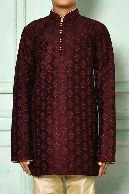 Shop Petite Pomme Wine Silk Stones Fleur De Lis Patterned Kurta Set Online at Aza Fashions Shop_Petite Pomme_Wine Silk Stones Fleur De Lis Patterned Kurta Set _Online_at_Aza_Fashions