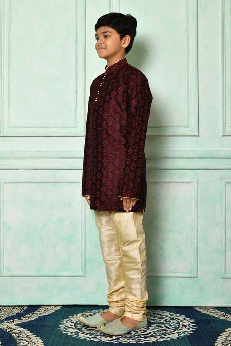 Shop_Petite Pomme_Wine Silk Embroidery Fleur De Lis Patterned Kurta _Online_at_Aza_Fashions